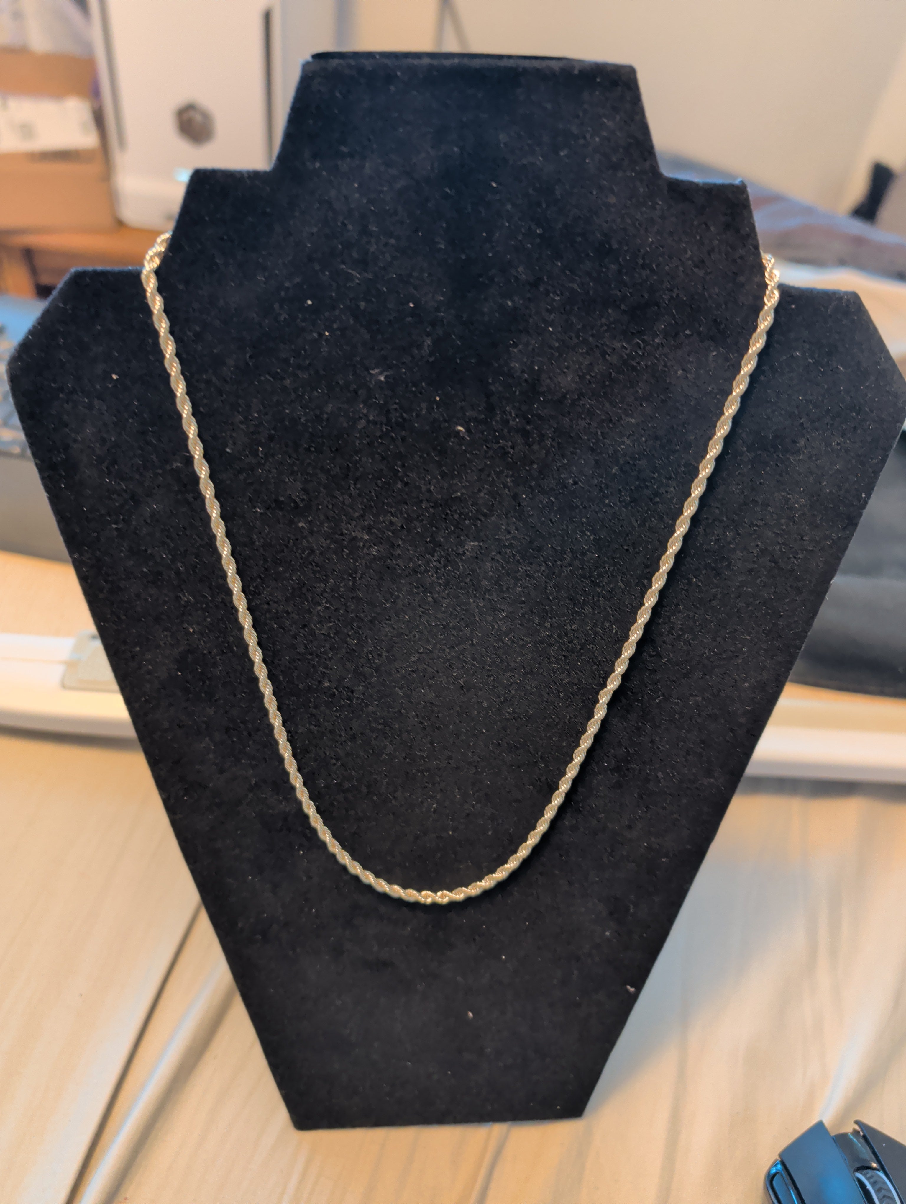 14k gold plated, thin rope necklace. "20. Acid tested.