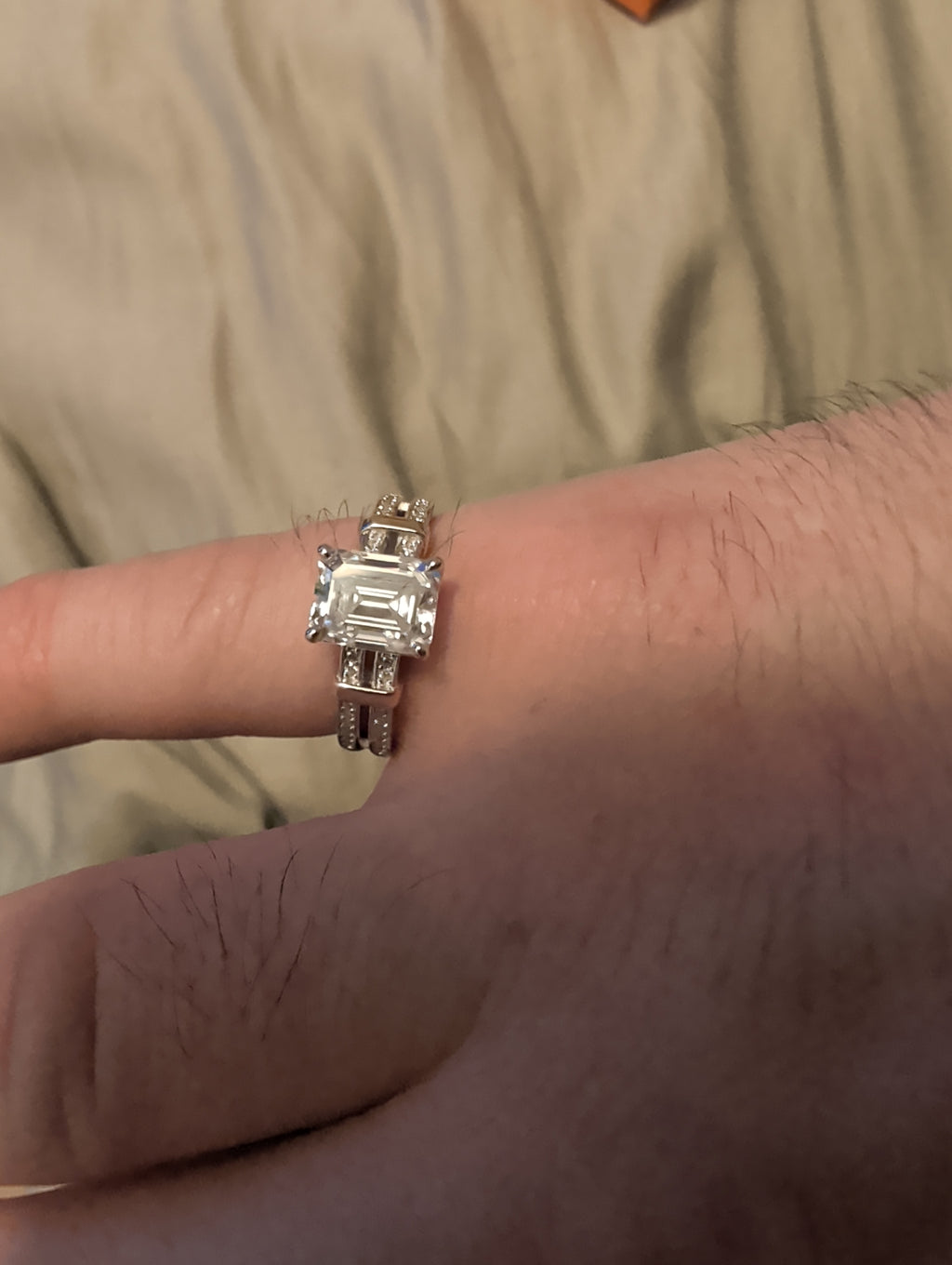 4ctw moissanite emerald cut ring. Sz 8. Diamond tested!