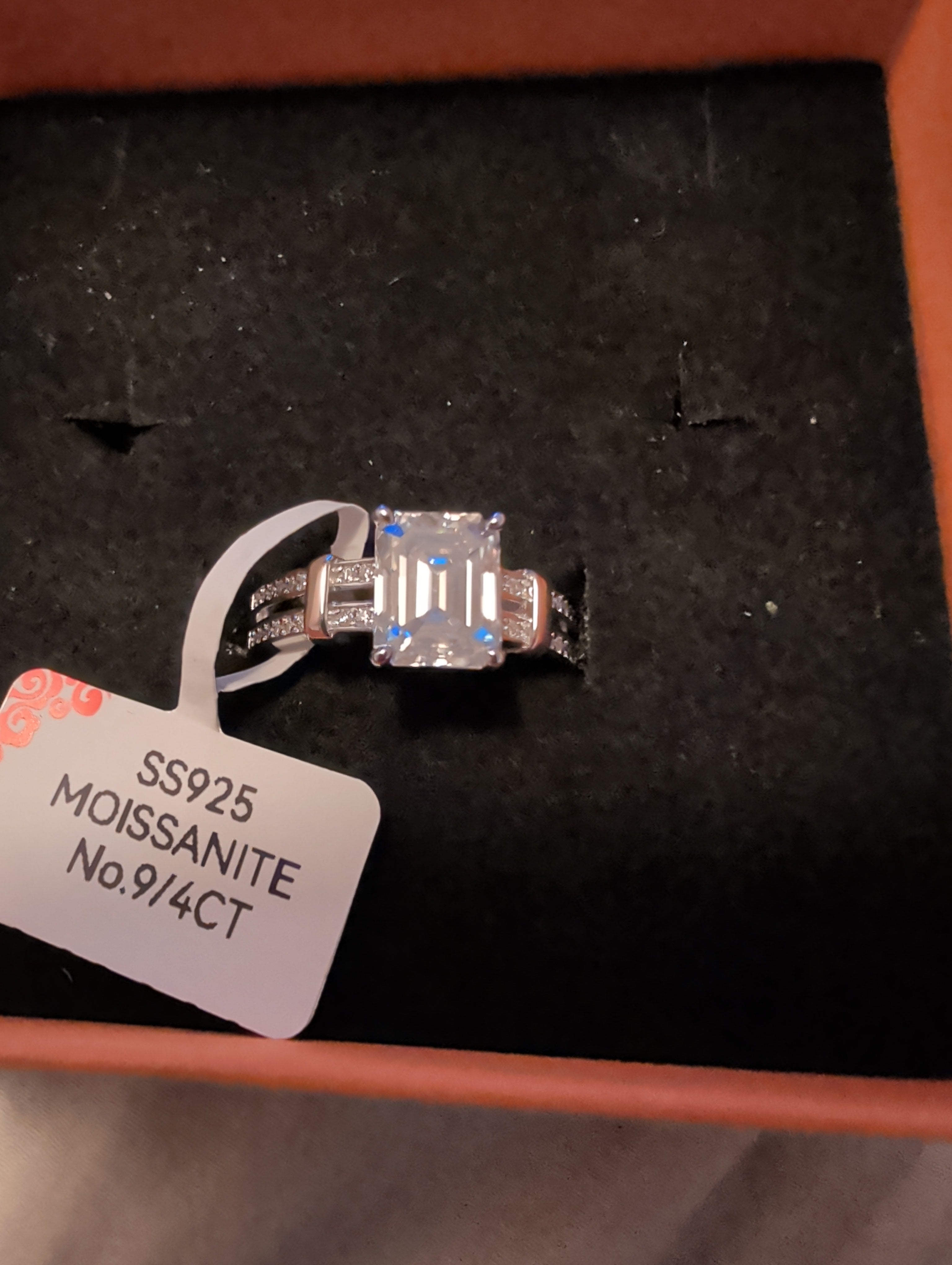 4ctw moissanite emerald cut ring. Sz 8. Diamond tested!