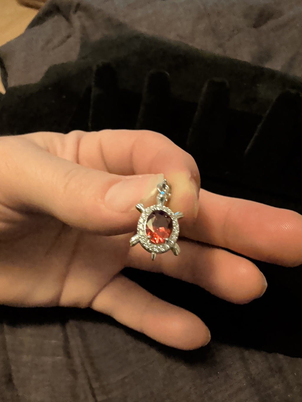 Turtle pendant. Red is cubic zerconia. Outer ring moissanite.